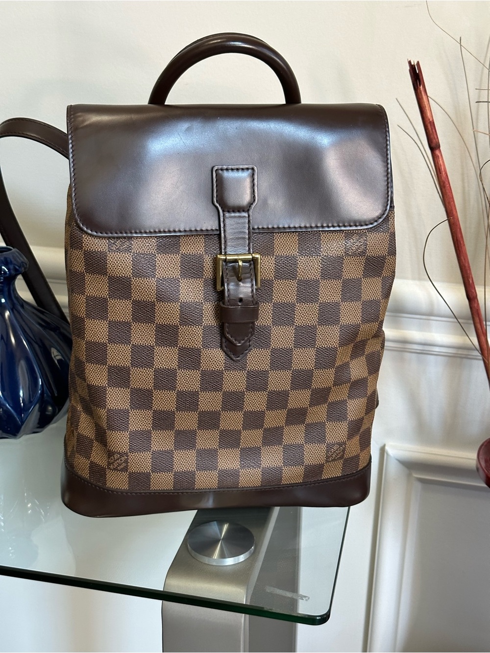 Louis Vuitton Damier Ebene Backpack with Dark Brown Leather Trim